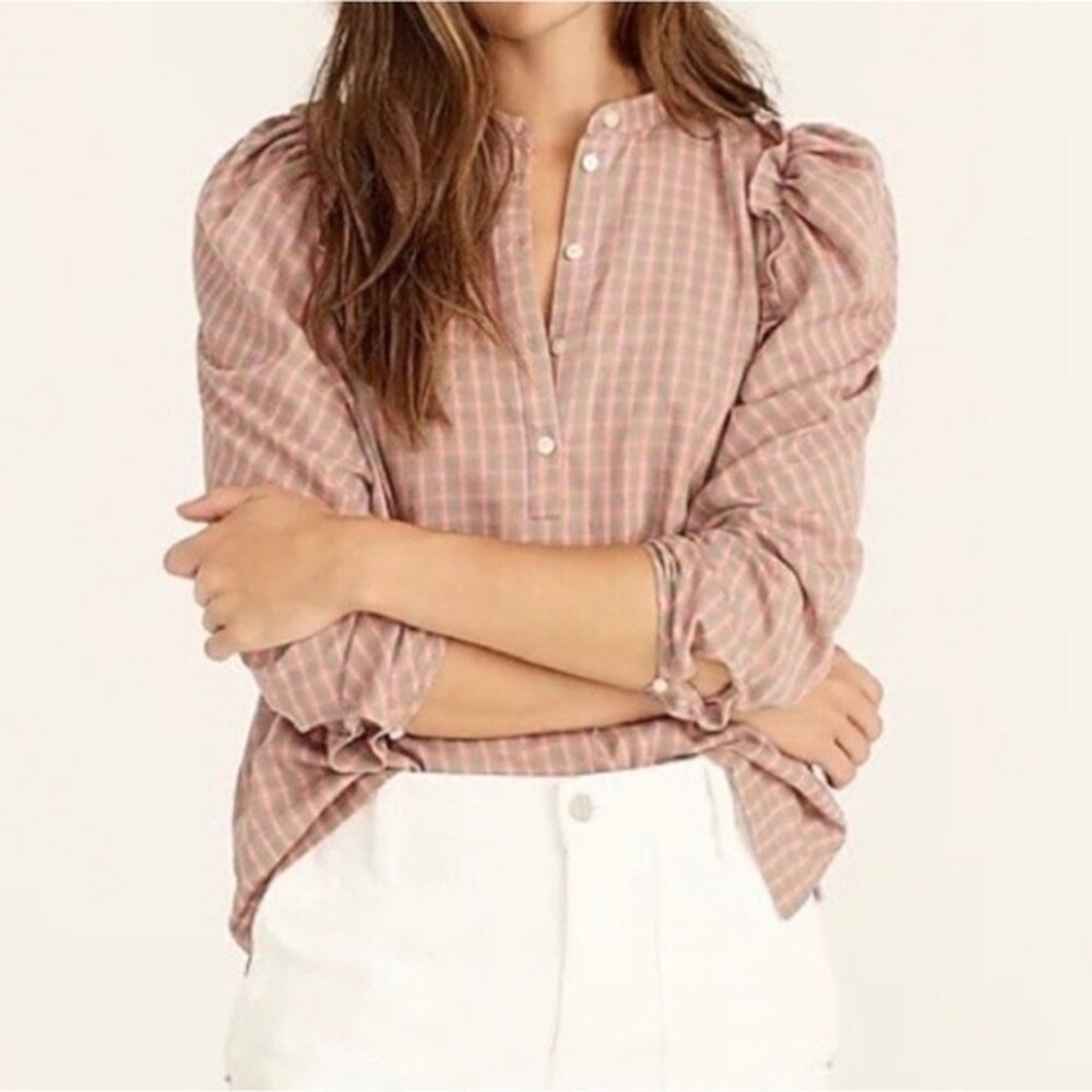 J. Crew Field Check Ruffle Puff Sleeve Henley Blouse Pink Green - XLarge